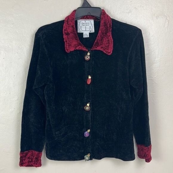 Vtg  J Two New York Black Maroon Cardigan Sweater w Perfume Bottle Buttons LARGE - Picture 1 of 12